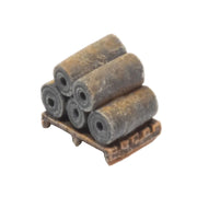 Pallet with rolls of tarpaper stacked on side