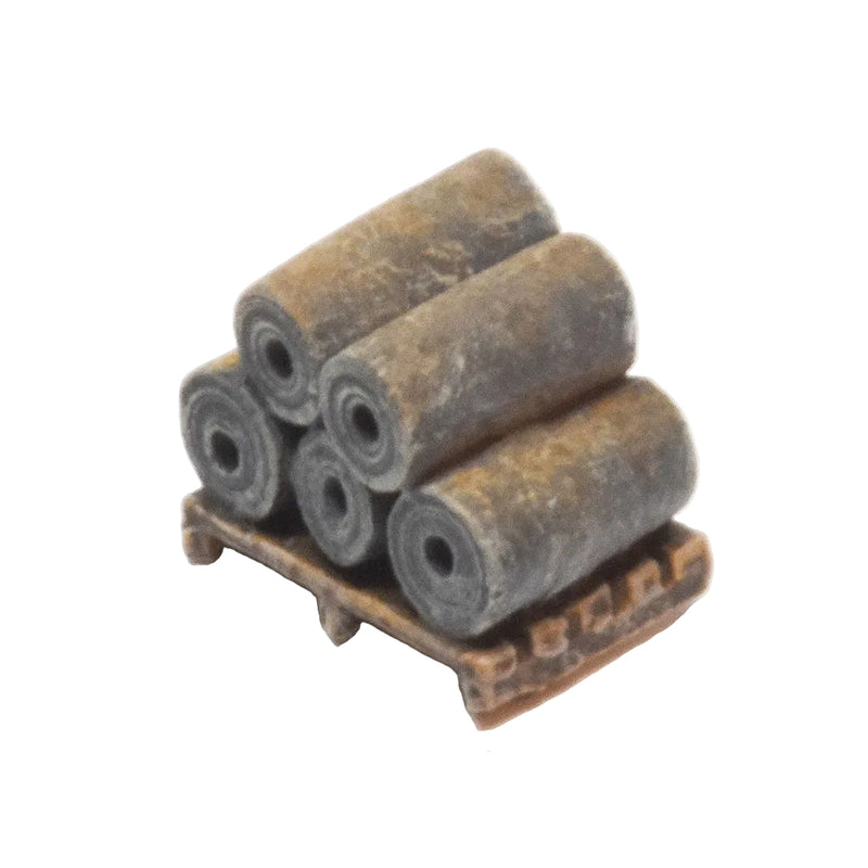 Pallet with rolls of tarpaper stacked on side